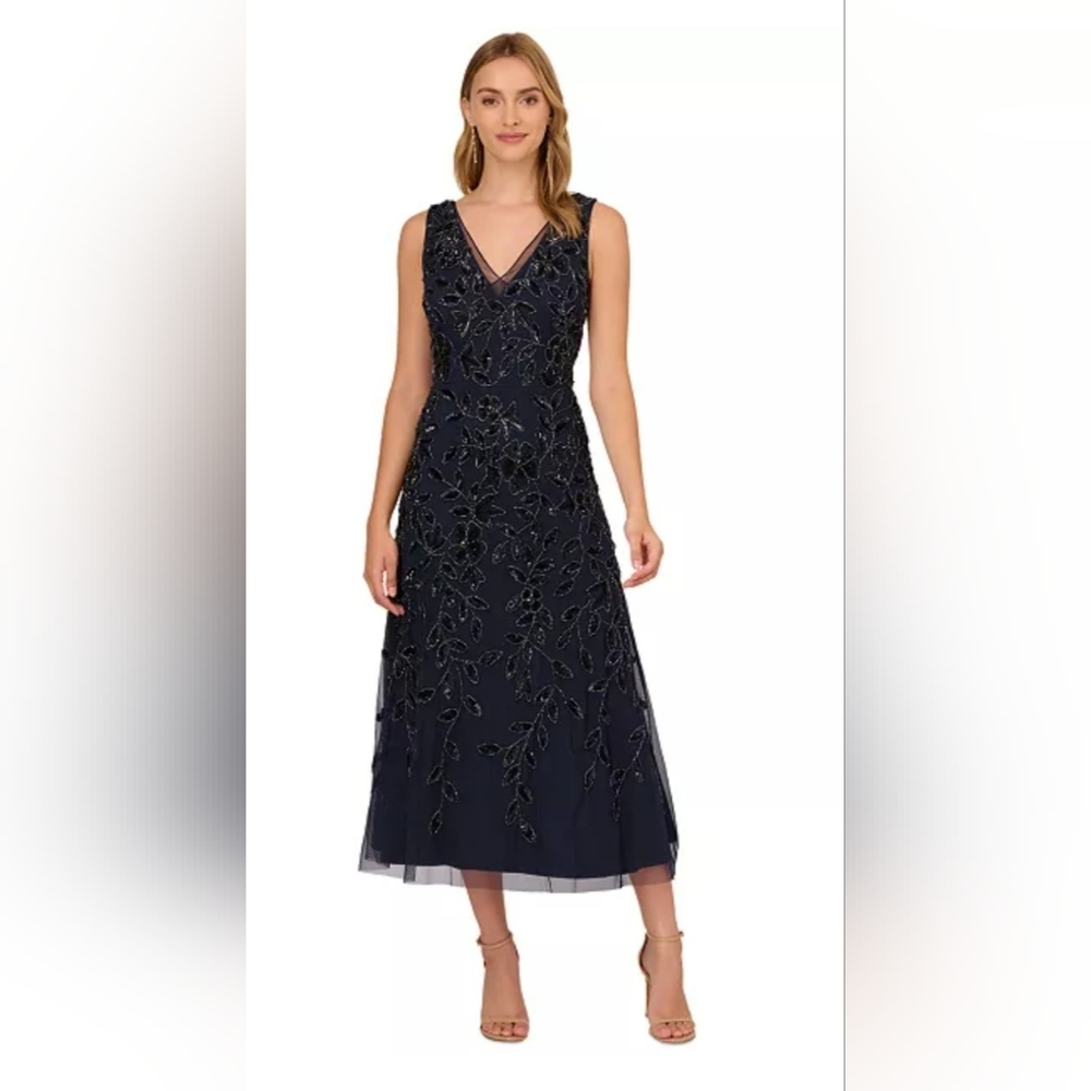 Adrianna Papell Women's Embellished V-Neck , A-line Dress Size 8 Color Navy NWT